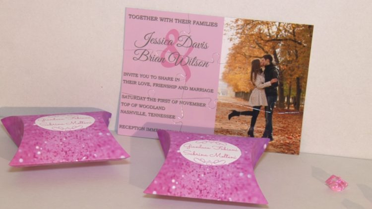 Invitatii Puzzle 9 Piese si Cutiuta Pillow carton Foto Lucios