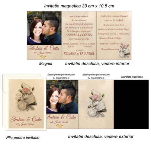 Invitatie magnetica pentru nunta nuanta maro, ivory