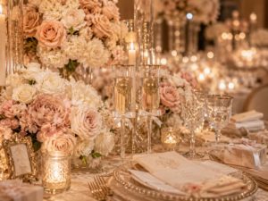 Detalii pentru nunta extravaganta cu pahare de sampanie, flori si decor elegant