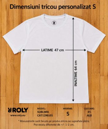 Dimensiuni tricou personalizat S latime 47 cm inaltime 64 cm