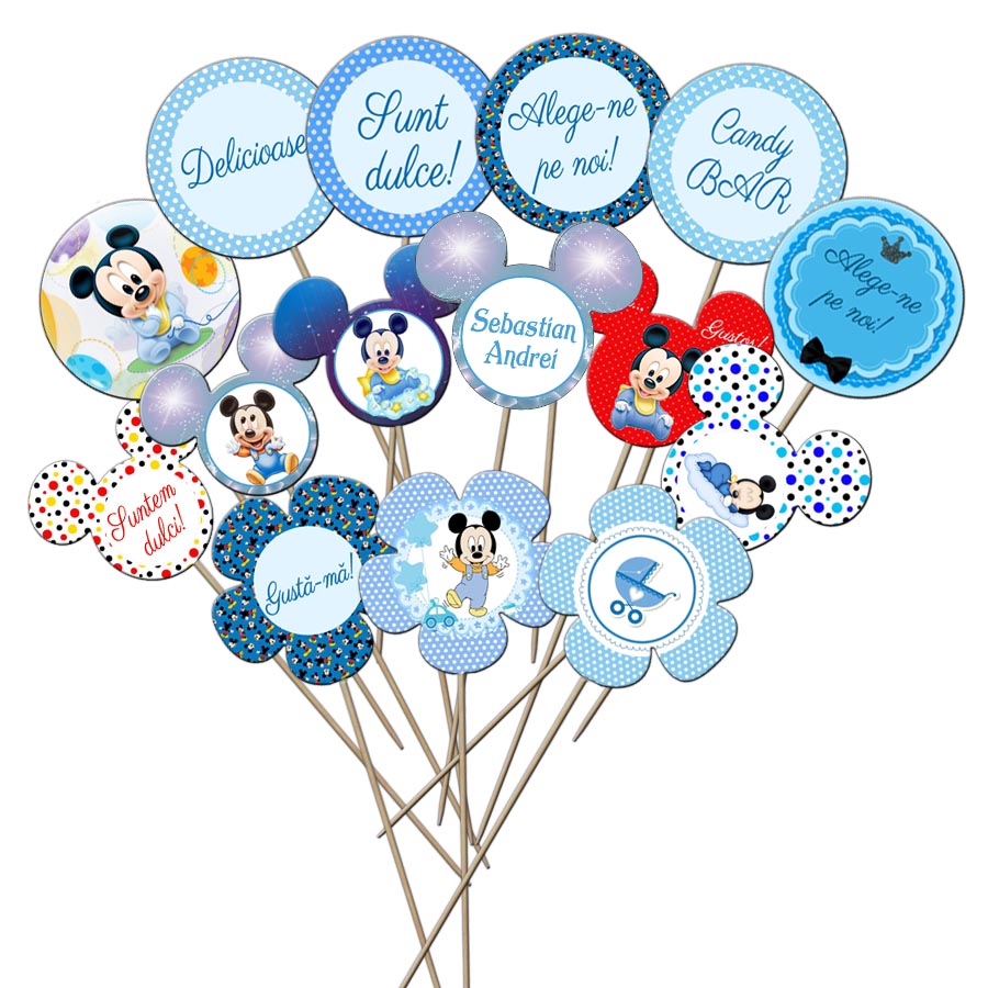 Propsuri Candy Bar Mickey Mouse, cu piese rotunde, flori si forme cu urechi, inclusiv o piesa personalizata cu prenume