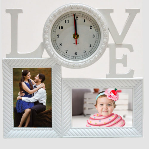 Ceas de perete, rama foto LOVE, personalizata cu doua fotografii 15x10 cm