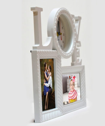 Ceas de perete, rama foto LOVE, personalizata cu doua fotografii 15x10 cm