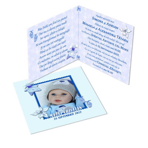 Invitatie pentru botez bleu personalizata cu fotografie si text, dimensiune 18x9 cm