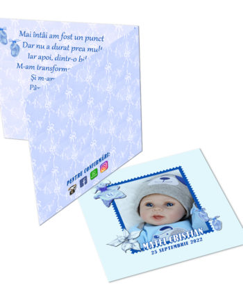 Invitatie pentru botez bleu personalizata cu fotografie si text, dimensiune 18x9 cm