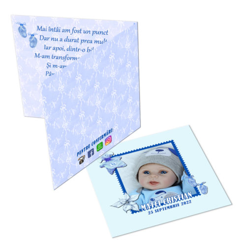 Invitatie pentru botez bleu personalizata cu fotografie si text, dimensiune 18x9 cm