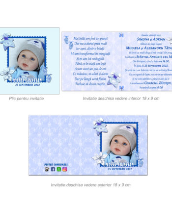 Invitatie pentru botez bleu personalizata cu fotografie si text, dimensiune 18x9 cm
