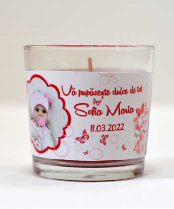 Lumanare personalizata marturie botez tematica fluturasi rosii