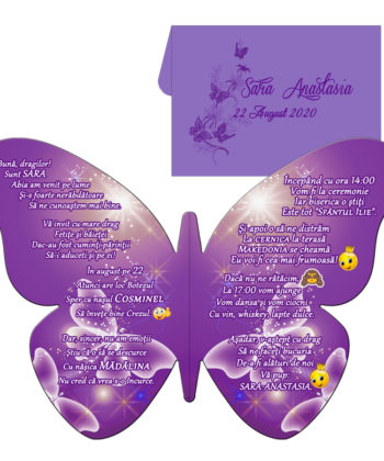 Invitatie botez forma fluture mov