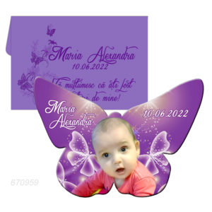 Marturie botez fluture mov pentru fetite personalizata