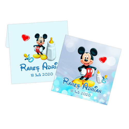 Invitatie botez tematica Mickey Mouse, personalizata cu fotografie si text, dimensiune 18×9 cm