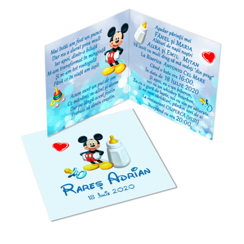 Invitatie botez tematica Mickey Mouse, personalizata cu fotografie si text, dimensiune 18×9 cm