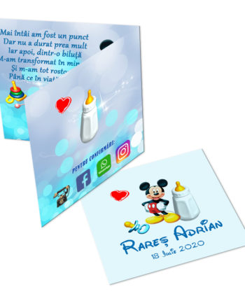 Invitatie botez tematica Mickey Mouse, personalizata cu fotografie si text, dimensiune 18×9 cm