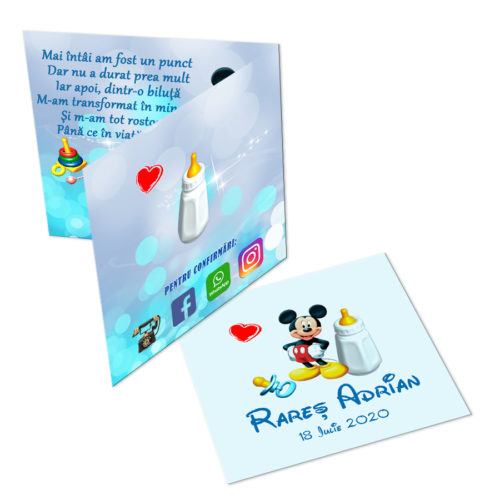 Invitatie botez tematica Mickey Mouse, personalizata cu fotografie si text, dimensiune 18×9 cm