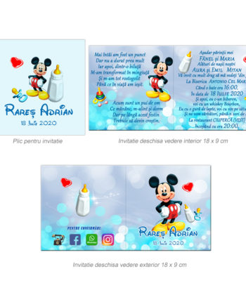 Invitatie botez tematica Mickey Mouse, personalizata cu fotografie si text, dimensiune 18×9 cm