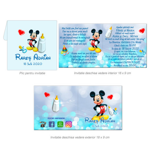 Invitatie botez tematica Mickey Mouse, personalizata cu fotografie si text, dimensiune 18×9 cm