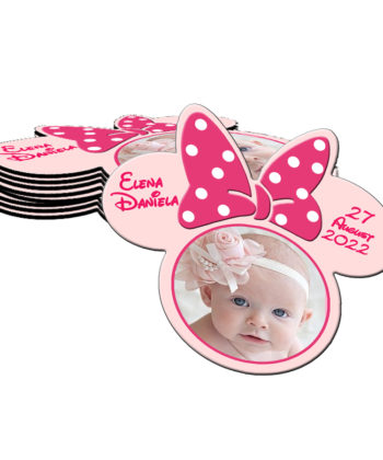 Marturie botez, magnet forma Minnie Mouse cu plic, nuanta roz