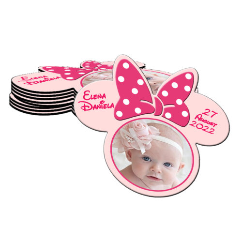 Marturie botez, magnet forma Minnie Mouse cu plic, nuanta roz