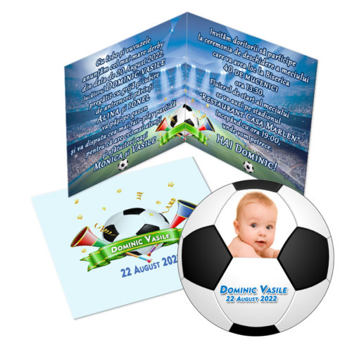 Invitatie botez cu magnet tematica minge fotbal stadion