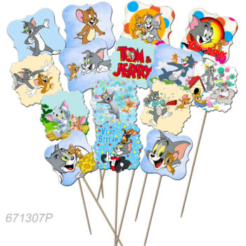 Propsuri Candy Bar Tom si Jerry pe bete din lemn, cu ilustratii colorate si o piesa personalizata cu prenume