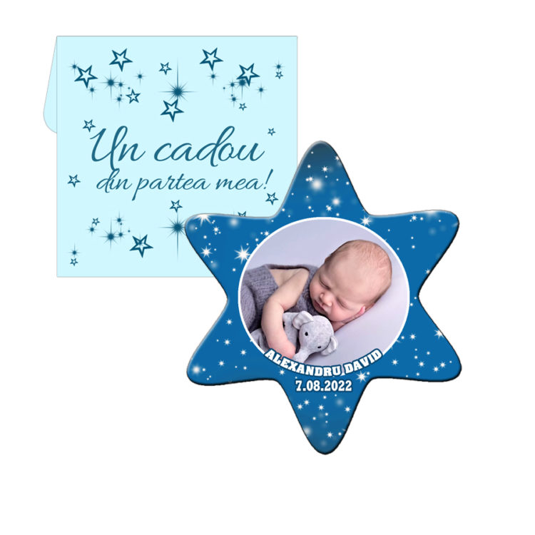 Marturii botez forma stea, plic inclus, culoare albastra