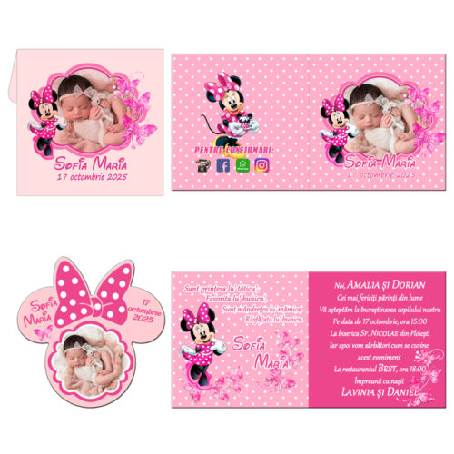 Invitatii botez model Minnie Mouse, 2 in 1 invitatie plus marturie magnet Minnie