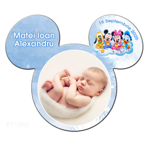 Marturie Botez Mickey magnet plastic 9cm x 8cm in plic bleu model Mickey bebe si prietenii