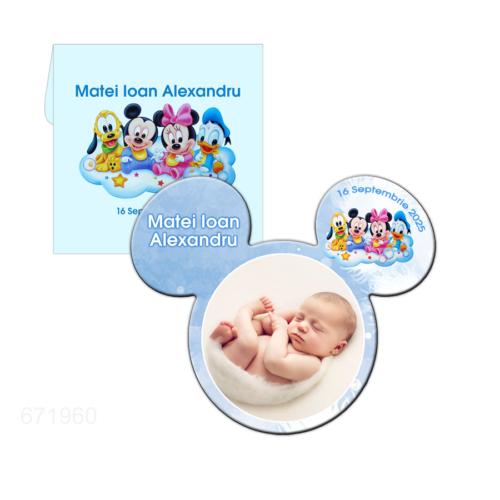 Marturie Botez Mickey magnet plastic 9cm x 8cm in plic bleu model Mickey bebe si prietenii