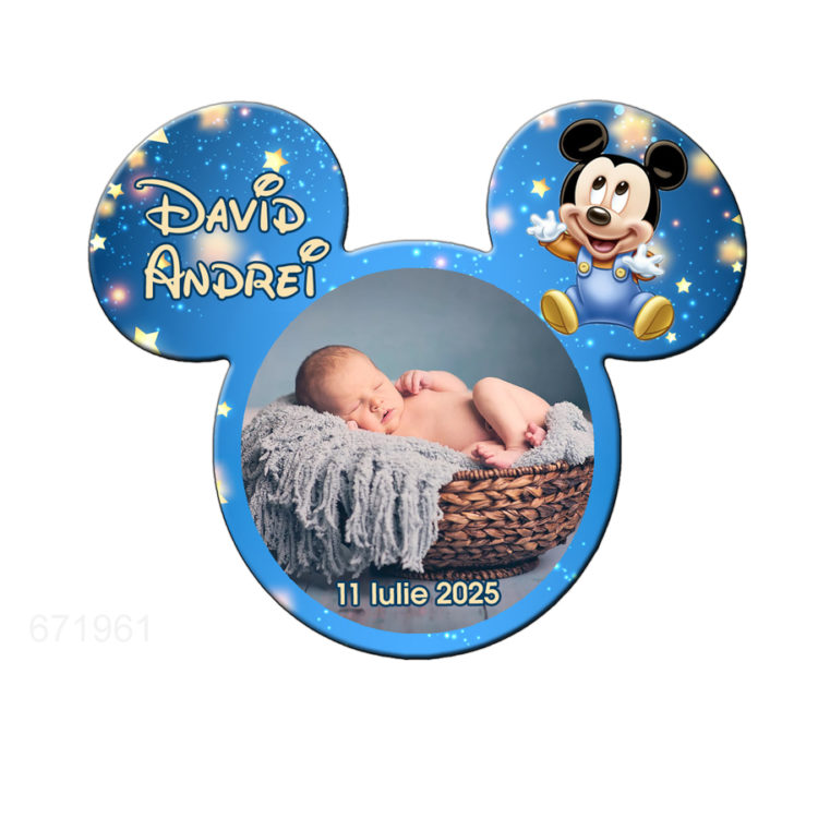 Marturie botez baby Mickey Mouse magnet cu plic nunata crem