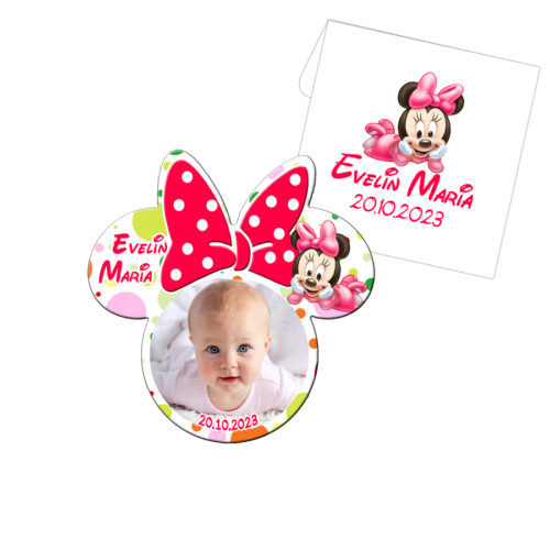 Marturie botez Minnie, magnet personalizat decupat pe contur forma Minnie in plic alb