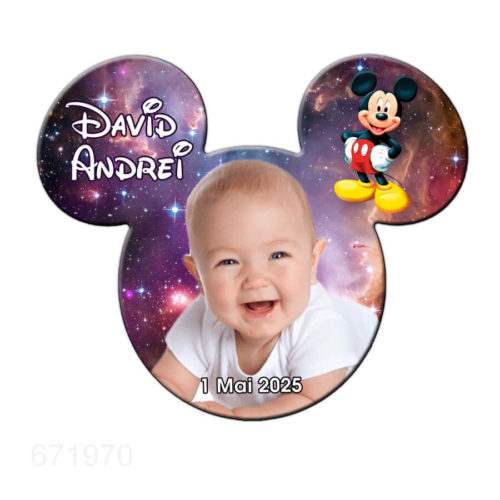 Magnet Mickey personalizat cu fotografia bebelusului, marturie botez, stelute