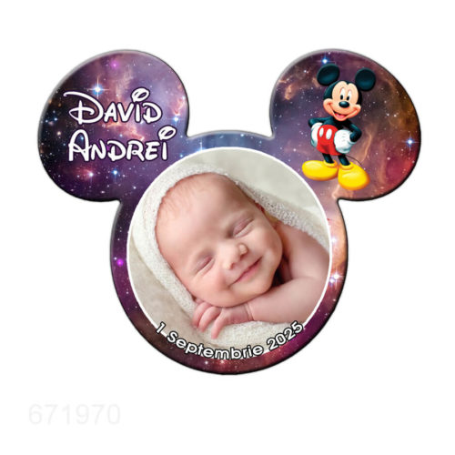 Magnet Mickey personalizat cu fotografia bebelusului, marturie botez, stelute