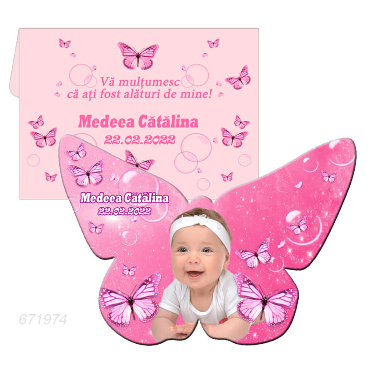 Marturie botez magnet fluture cu plic roz