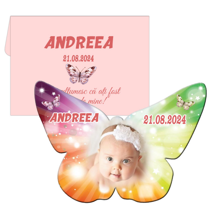 Marturie botez magnet fluture personalizat cu plic roz