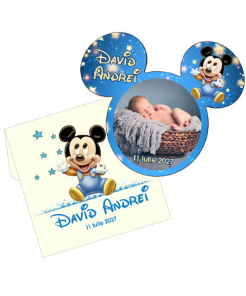 Marturie botez baby Mickey Mouse magnet premium cu plic crem personalizat