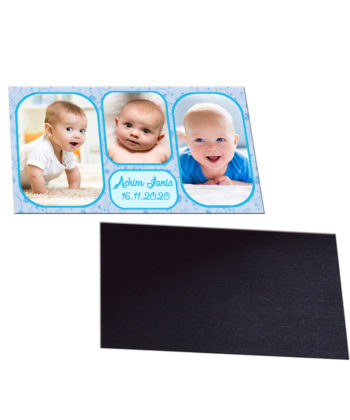 Marturii botez magneti cu plicuri bleu incluse, personalizate cu 3 fotografii