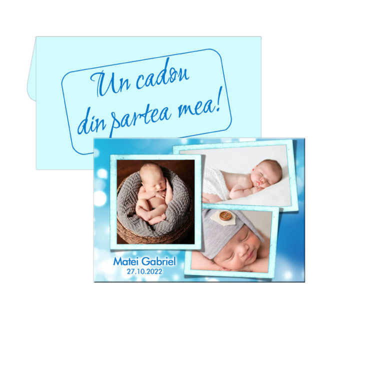 Marturie bleu pentru botez, personalizata cu 3 poze, plic inclus