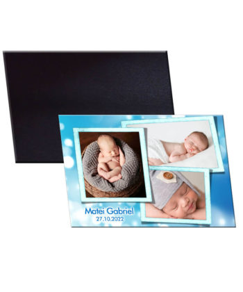 Marturie bleu pentru botez, personalizata cu 3 poze, plic inclus