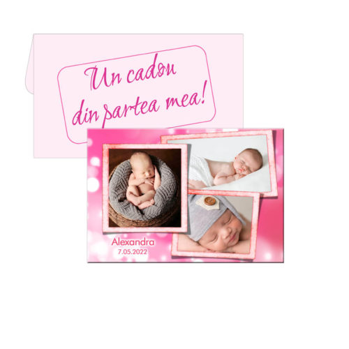 Marturie roz pentru botez, personalizata cu 3 poze, plic inclus