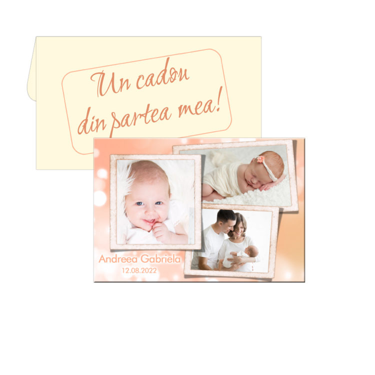 Marturie crem pentru botez, personalizata cu 3 poze, plic inclus