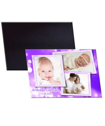 Marturie mov pentru botez, personalizata cu 3 poze, plic inclus