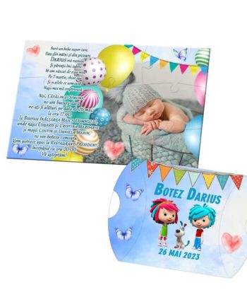 Invitatie puzzle botez sau aniversare, nuanta bleu-albastru