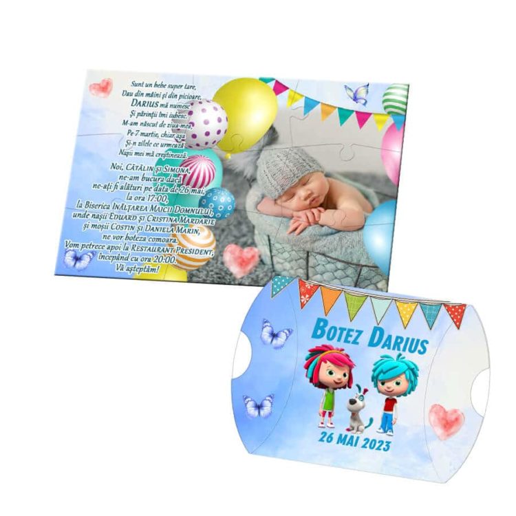 Invitatie puzzle botez sau aniversare, nuanta bleu-albastru