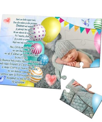 Invitatie puzzle botez sau aniversare, nuanta bleu-albastru