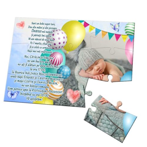 Invitatie puzzle botez sau aniversare, nuanta bleu-albastru