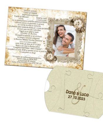 Invitatie vintage pentru nunta puzzle 12 piese, invitatie tip joc puzzle