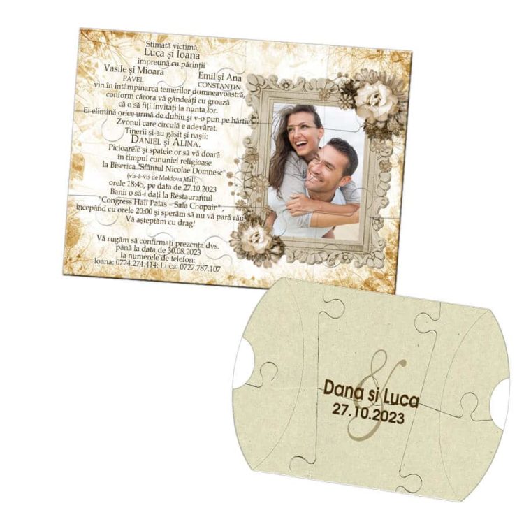 Invitatie vintage pentru nunta puzzle 12 piese, invitatie tip joc puzzle