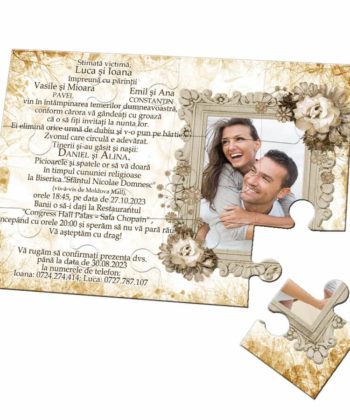 Invitatie vintage pentru nunta puzzle 12 piese, invitatie tip joc puzzle