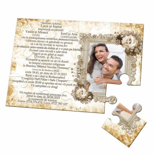 Invitatie vintage pentru nunta puzzle 12 piese, invitatie tip joc puzzle