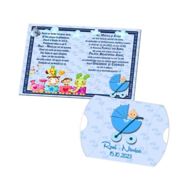 Invitatie puzzle botez, trenulet si carucior bebe, nuanta bleu-albastru